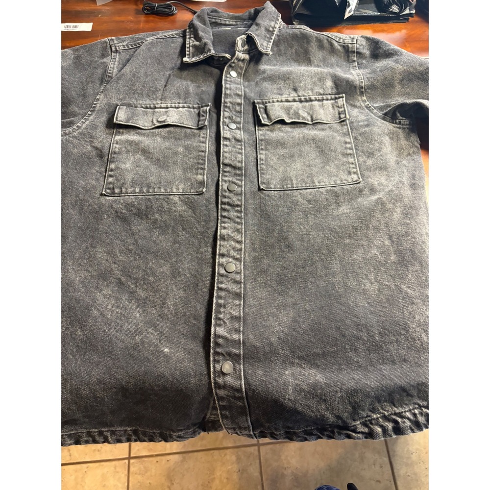 No Boundaries Mens Acid Wash Black Denim Shirt Jacket Snap Front Large 42-44